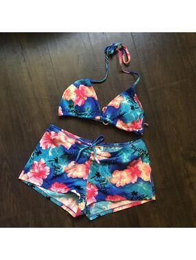 Vintage Y2k 90s Hawaiian Floral Bikini Swimsuit Set Sz M St. Tropez Beach Coast